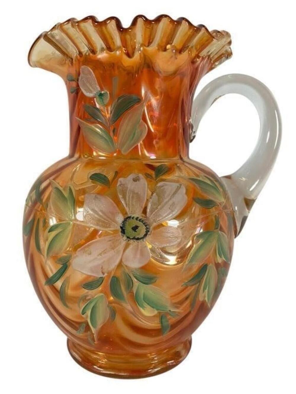 Vintage Floral Hand Painted Draped Fenton Carnival Glass Pitcher